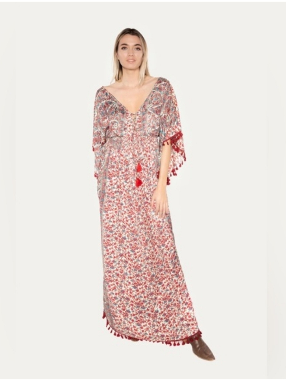 Raga Kaftan Style Bohemian V-Neck Floral Maxi Dress in Cream and Rust
